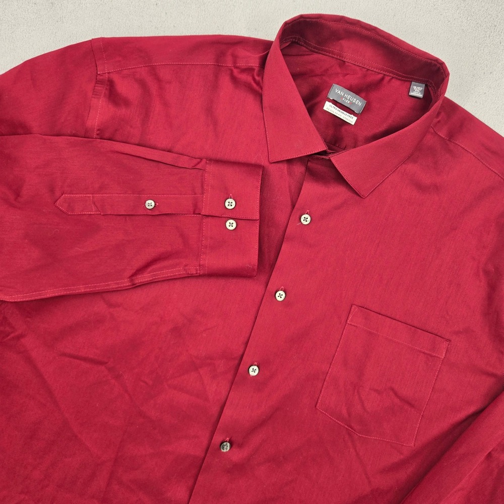 Van Heusen Mens 2XL Dress Shirt Burgundy Red Flex Regular Fit Stretch 18‎ 36/37